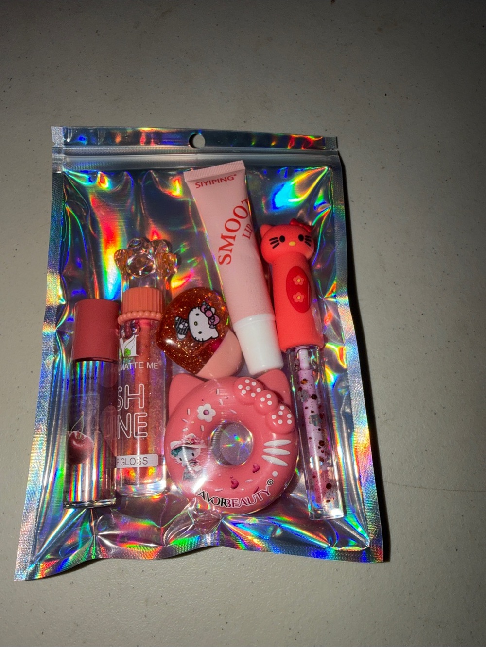 6 piece Pink Kids Lip Gloss & Balm Set with Cute Cat Donut Design